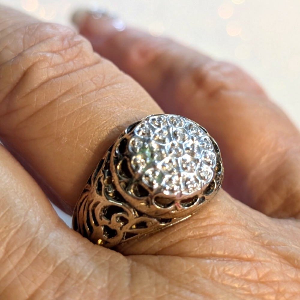 Vintage Domed Gold Ring with Pave Cluster CZ Diamonds.   Size 11